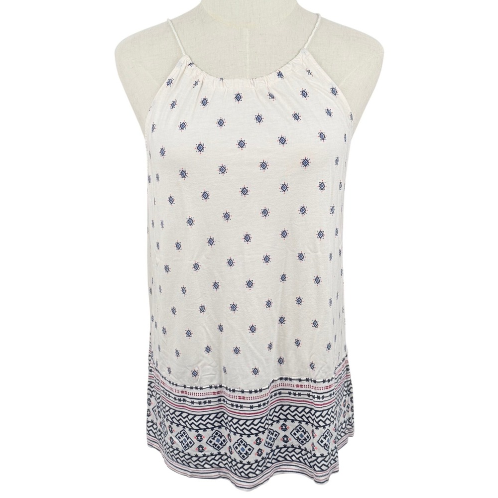 Old Navy Womens Medium Tank Top Cream Geometric Boho Halter Tassel Tie Back 4351